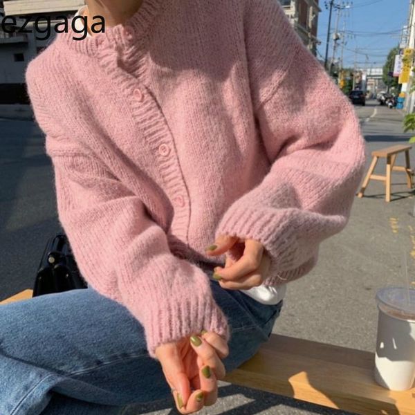 Ezgaga Rosa Strickjacke Frauen Chic Herbst Casual Lose Solide Streetwear Warme Outwear Damen Tops Mode Süße Pullover 210430