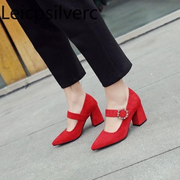 

dress shoes pumps spring and autumn style flock pointed shallow mouth buckle thick heel mid women's single shoe plus size 33-46, Black