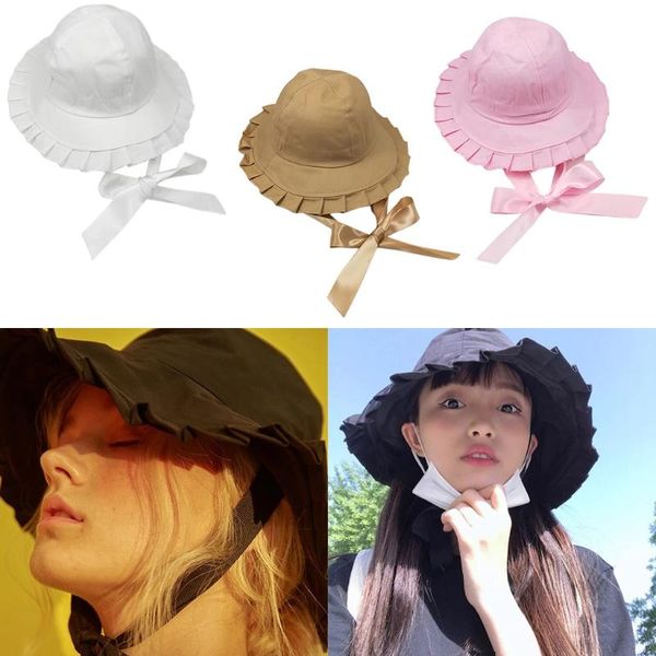 

wide brim hats women girls summer sweet ruffles bucket hat with satin long ribbon chin strap japanese lolita bowknot sunscreen, Blue;gray