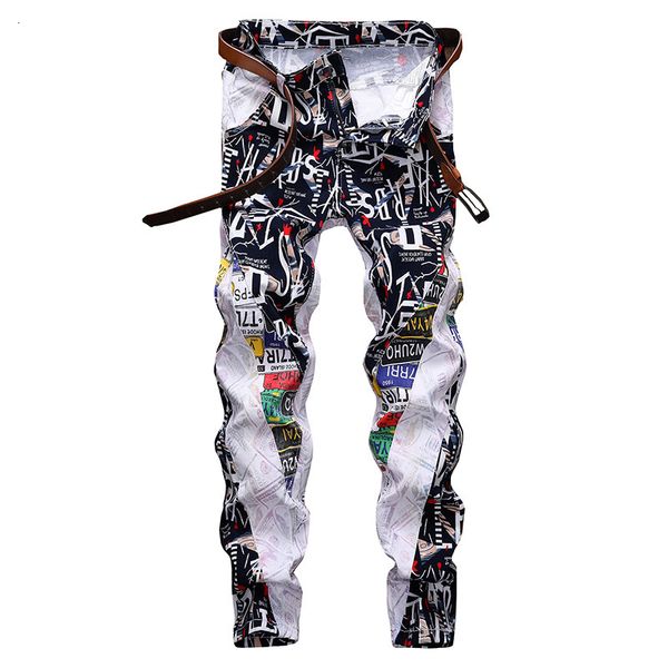 

fashion jeans men's letters printed patchwork white colored painted slim straight denim pants, Blue