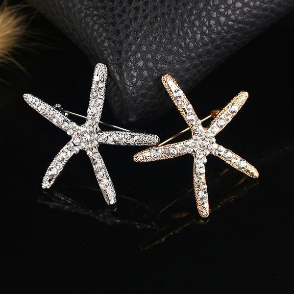 Pins, broches moda simples elegante cristal starfish bonito para mulheres ouro prata cor strass liga animal broche pinos de segurança