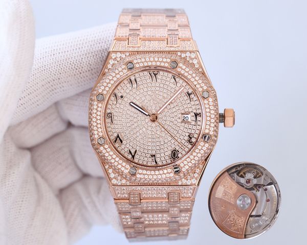 

full diamond mens watch 41mm automatic mechanical watches diamonds bezel strap fashion wristwatch for classic men designer wristwatches gift, Slivery;brown
