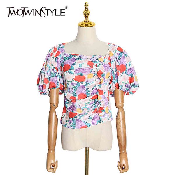 Twotwinstyle vintage impresso Floral Curto tops para mulheres quadrados colarinho colar de manga de sopro lace up shircou camisa feminina verão 210517