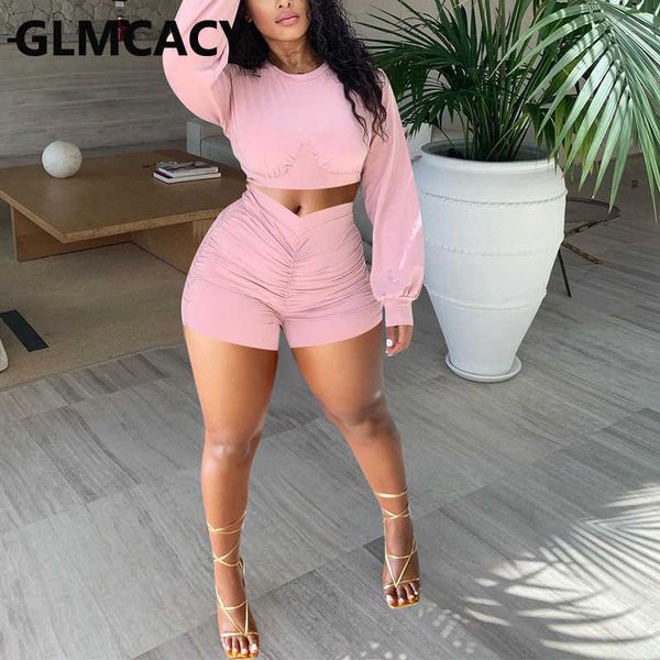 

2 pieces shorts women long sleeve t-shirt & bodycon pleated shorts 210702, White