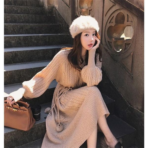 

casual dresses 2021 autumn and winter french retro knee sweater dress pullover long sleeve round neck knitted warm female, Black;gray