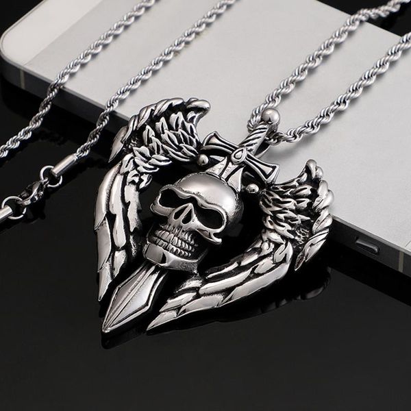 

pendant necklaces gothic angel wing skull necklace stainless steel punk hip hop men nightclub biker jewelry gift, Silver