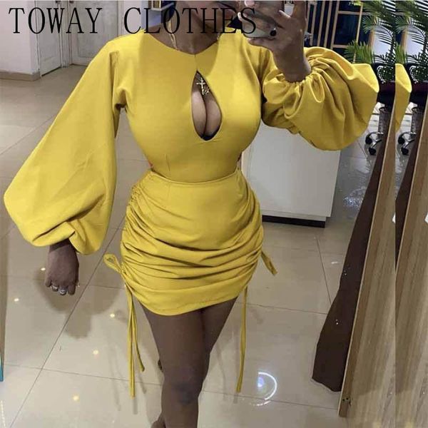 

casual dresses solid color plain keyhole strappy ruched lantern sleeve mini yellow party for women summer 2021, Black;gray