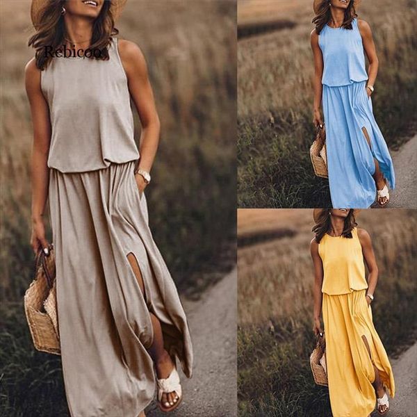 

boho loose split maxi womens dress sleeveless elastic waist long female spring summer lady beach plus size, Black;gray
