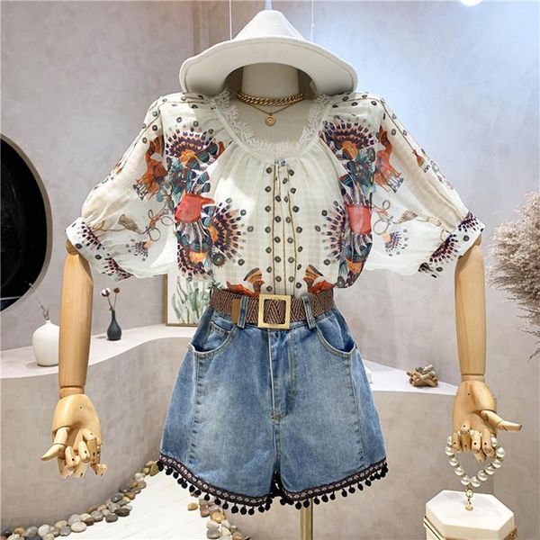 

women's tracksuits niche design women clothing summer 2021 retro printed short sleeve shirt + high waist wide leg denim shorts 2 piece, Gray