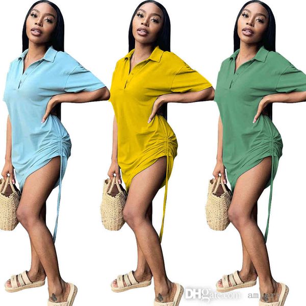 

designer women polo shirt dress bodysuit slim drawstring pleated short sleeve sports solid color skirt ladies fashion dresses, Black;gray