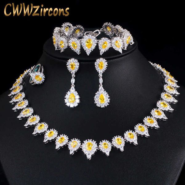 

4 pcs luxury shiny yellow cubic zircon stone women party wedding costume jewelry set for brides accessories t436 210714, Silver