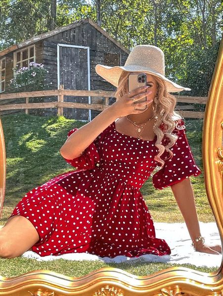 

polka dot print tie back ruffle hem a-line dress she, Black;gray