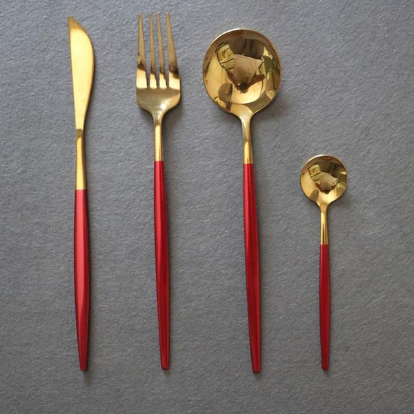 

dinnerware sets 4pcs red gold 18/10 stainless steel knife fork spoon set cutlery mirror dinner party silverware