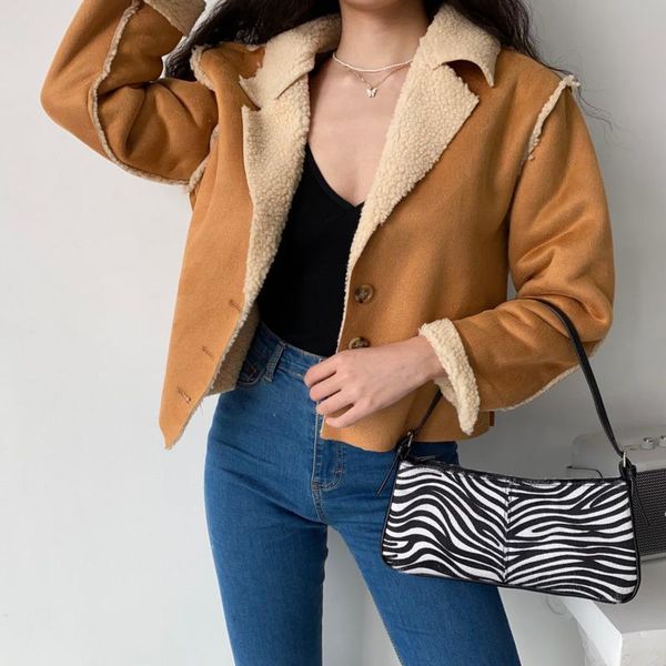 

women's jackets womengaga winter loose long sleeve wool liner short coat women korean fashion patchwork biker style suede jacket jw1a, Black;brown