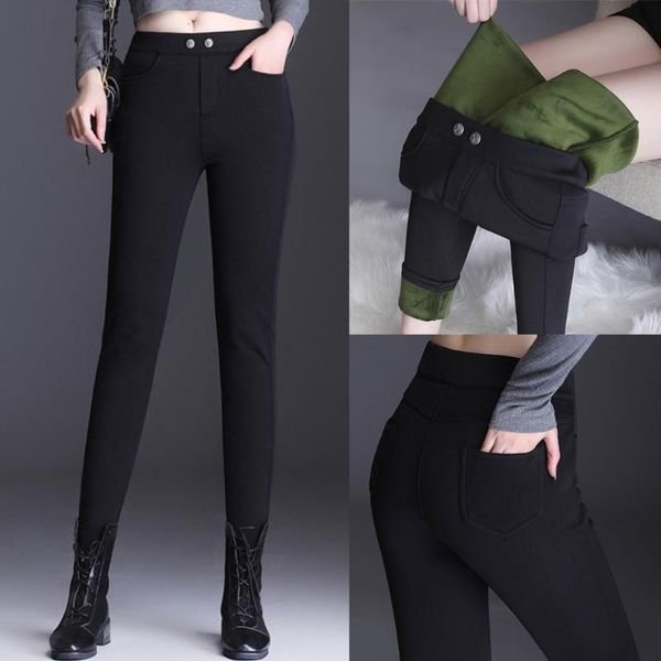 

women winter autumn high waist black pencil pants thick faux fleece lined slim stretch warm skinny trousers basic leggings stree women', Black;white