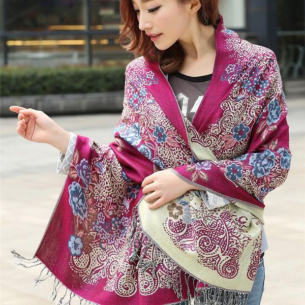 

scarves 2021 reversible cotton pashmina long scarf wrap women jacquard flower mantilla echarpes tassels shawls tippet muffler, Blue;gray