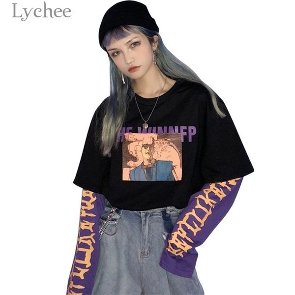 

lychee vintage fake 2 pieces character letter women sweatshirt hit color o-neck long sleeve autumn casual loose female pullovers y200106, Black