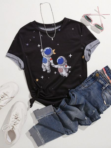 

cartoon astronaut print tee u8kj#, White