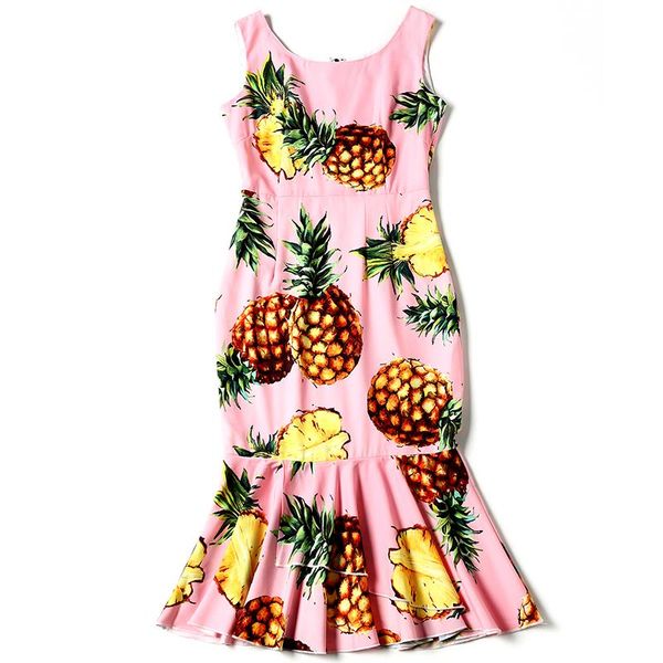 

casual dresses runway designer summer dress women's sleeveless vest fruit pineapple printed ruffles sheath cute mermaid bodycon, Black;gray