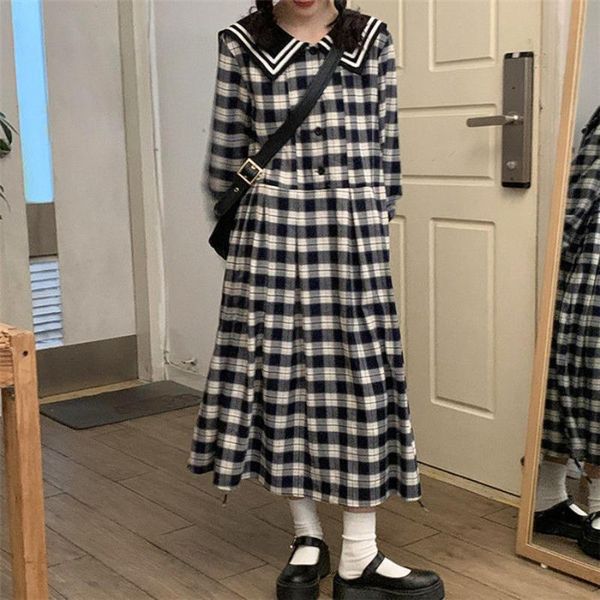 

casual dresses houzhou plaid dress women kawaii preppy style navy sailor collar grunge long sleeve mori girl elegant outfit robe, Black;gray