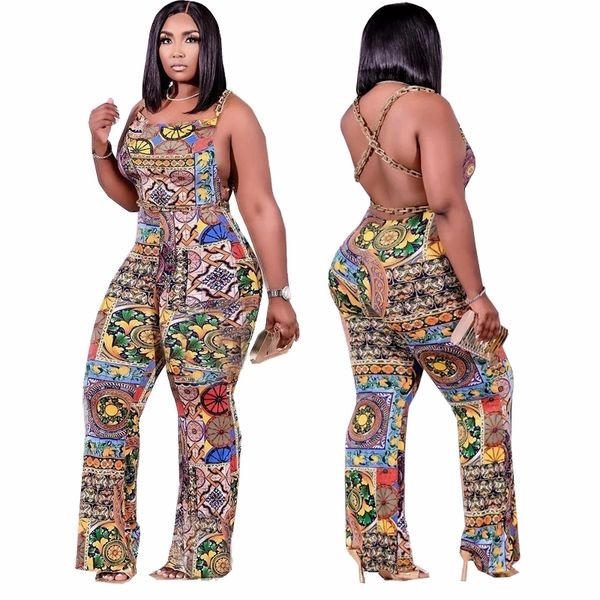 

plus size jumpsuits & rompers womens summer nightclub back print chain jumpsuit women wear, Black