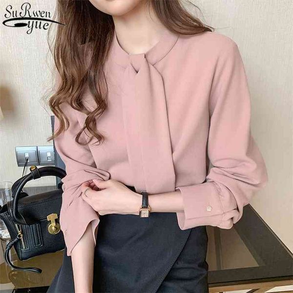 

early spring loose slim long sleeve women's shirt pink office lady style women and blouses with tie blusas mujer 13047 210427, White