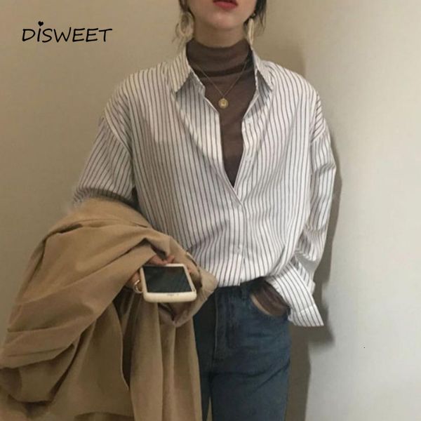

sweaters striped lapel woman temperament long-sleeved loose-fitting single-breasted women plus size fall slim women's shirt, White;black