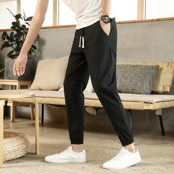 

men's pants summer casual cotton and linen nine points loose trend beam feet male sports harem, Black