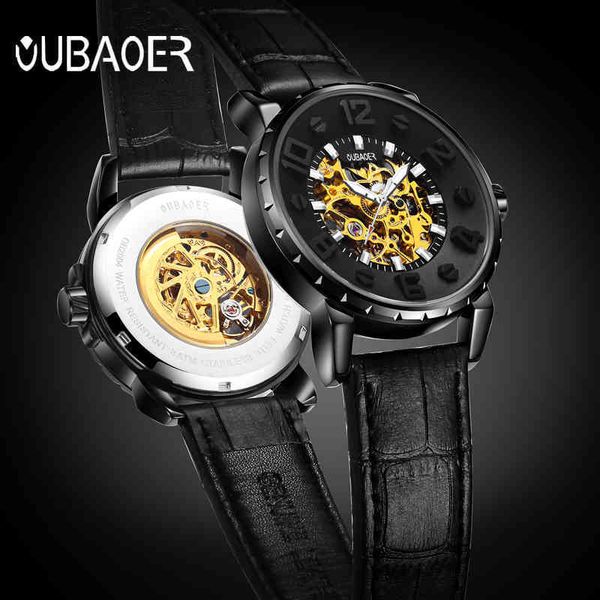 

3d designer automatic mechanical oubaoer watches men brand luxury leather lightweight sports relogio masculino, Slivery;brown