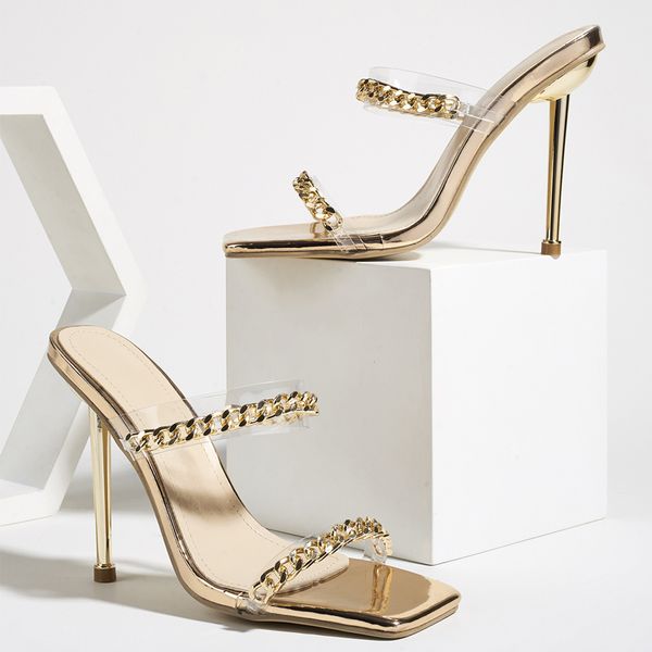 

women chain pumps fashion 2021 open square toe ladies slippers thin high heels female transparent pvc shoes woman elegant shoes, Black