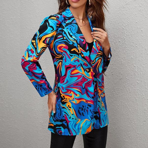 

women's suits & blazers boho blue print loose single button blazer women jacket streetwear 2021 autumn plus size elegant office lady co, White;black