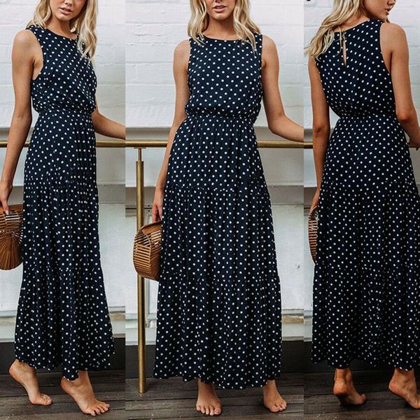 

women dress bobo dark blue boho loose sleeveless holiday dot print long maxi evening party beach kimono sleeve dresses summer, Black;gray