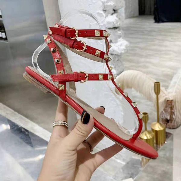 

zapatos mujer color rivets spiked gladiator flat women sandals stones studded sandal big size designer women's slides shoes summer flip, Black