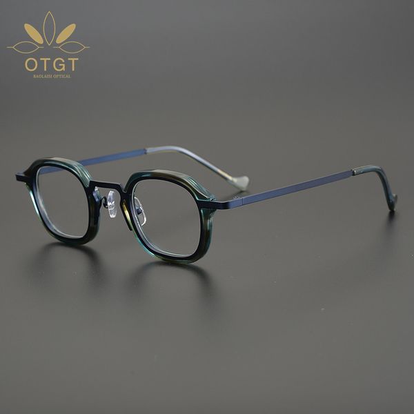 

designer sunglasses japanese designer's hand-made small square glasses made pure titanium inlaid plate can equipped with height gauge, White;black