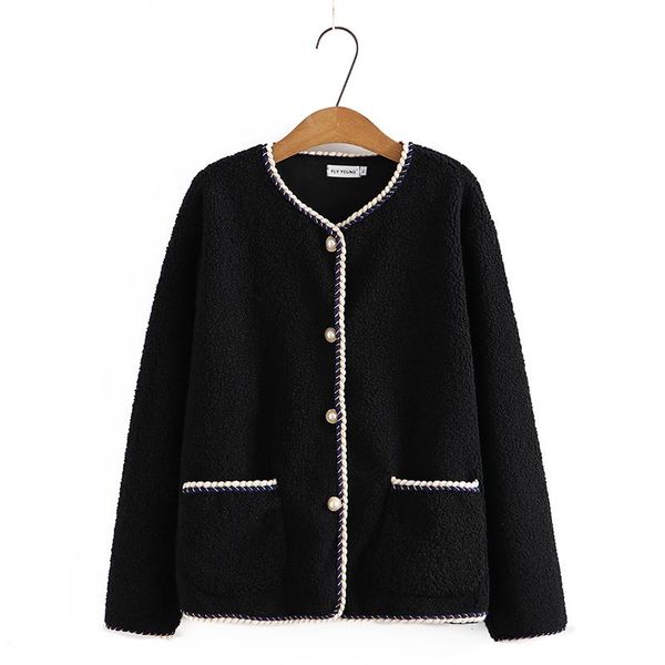

women's jackets plus size jacket autumn winter 2021 v-neck pocket clothing lamb wool black women outerwear coat, Black;brown