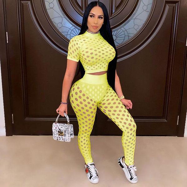 

women's two piece pants sporty hollow out legging set two-piece suits summer women hole design short sleeve crop +matching acti, White