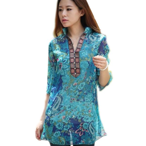 

women cool blouse women long chiffon blouse printing chiffon shirt floral female blouse feminina blusas plus size 5xl 45 x0521, White