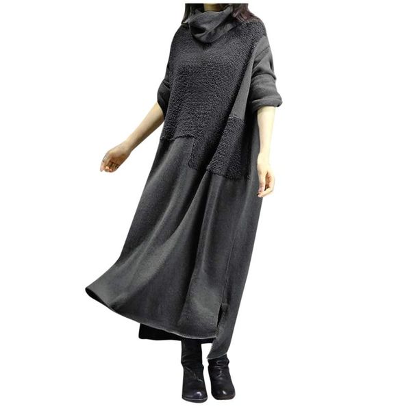 

casual dresses women dress 2021 autumn winter maxi long scarf collar sleeve basic vestidos big swing splice dress#g30, Black;gray