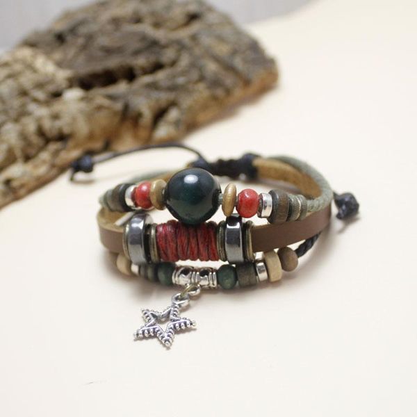 

bohemian trendy leather&cotton bracelets hand made multilayer bangles maleethnic tribal jewelry beaded, strands, Black