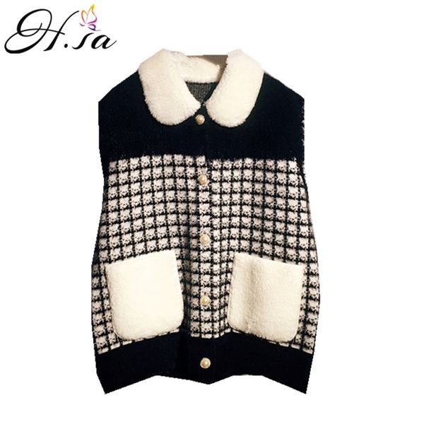 

ropa mujer invierno winter turn down collar knit sweater single breasted japanese plaid vest 210430, Black;gray