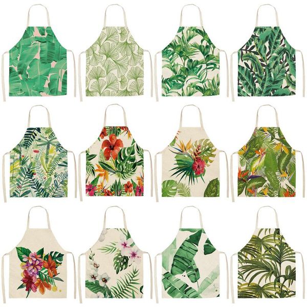 

aprons 1pcs green leafs pattern cleaning art home cooking kitchen apron cook wear cotton linen bibs 53*65cm wq0002