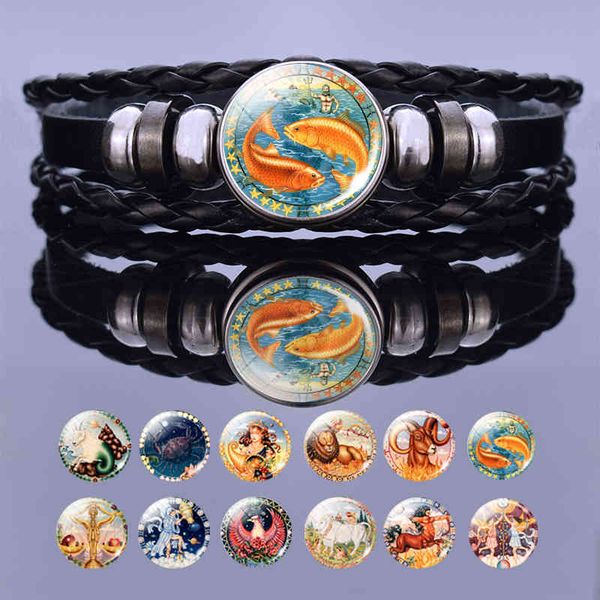 

2021 new charm bracelets black leather handmade bangle bracelet 12 zodiac sign for women virgo cancer aries gemini g, Golden;silver
