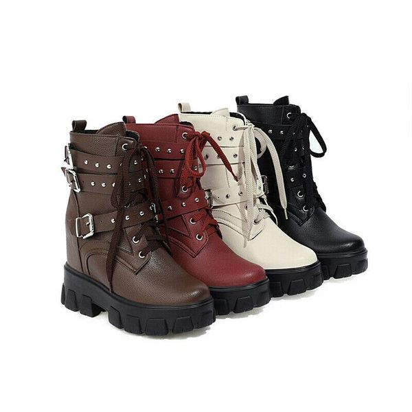 

boots gothic punk women's platform shoes rivet ankle buckle strap chunky heels, Black