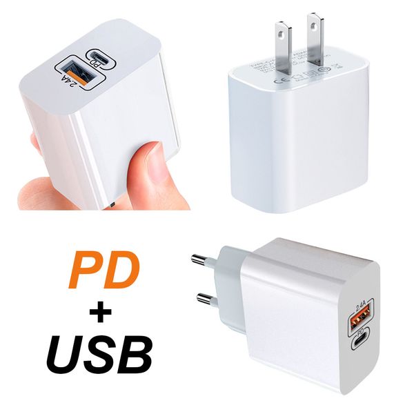 Carregadores de parede 5V 2.4A PD USB Tipo C EUA Plugue da UE Adaptador de carregador de carregamento rápido para iPhone 12 11 Pro Max