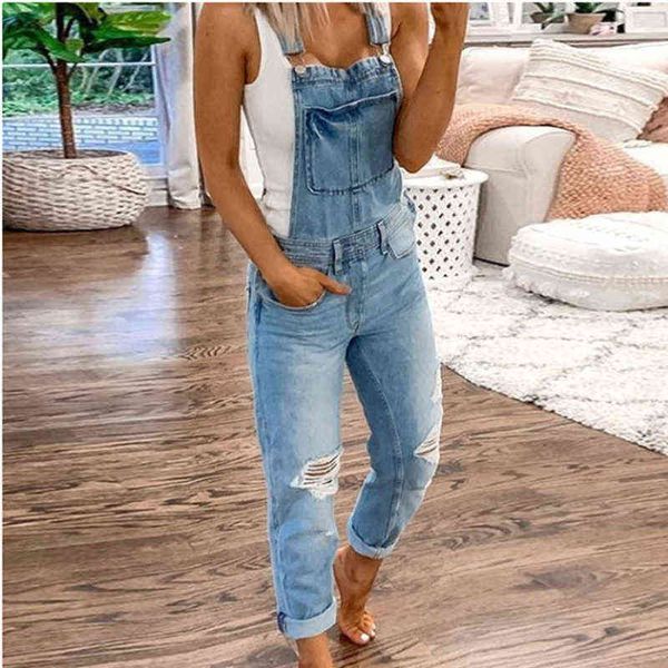 

cargo pants women holes slim fit overalls 's ripped suspenders printed with jeans washed streetwear 211129, Blue