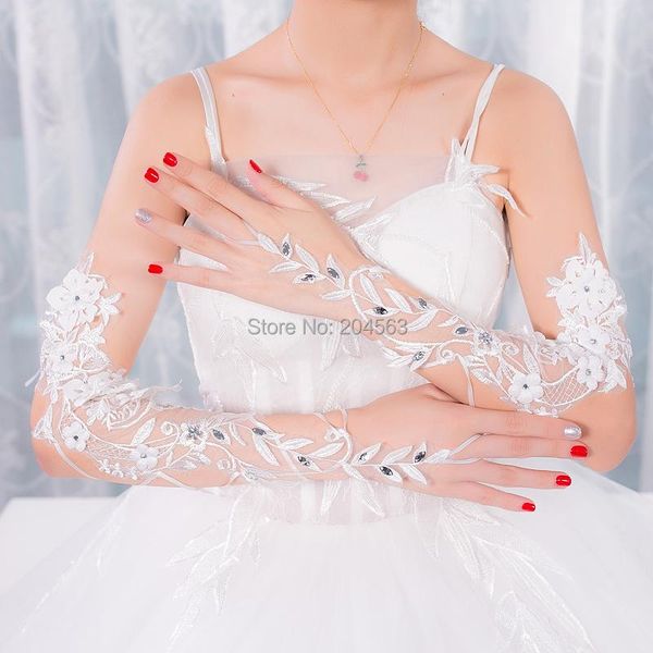 

bridal gloves vintage wedding party fingerless long lace with beads, White