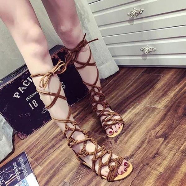 

knee length cross-tie sandal women gladiator sandals cross strap tall boot shoes, Black