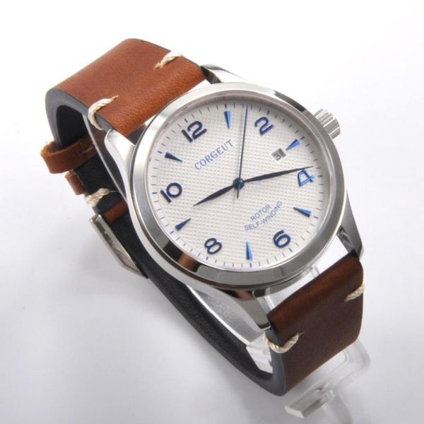 

wristwatches luxury brand corgeut watch men 42mm mechanical clock leather sapphire crystal calendar male sport automatic man wristwatch, Slivery;brown