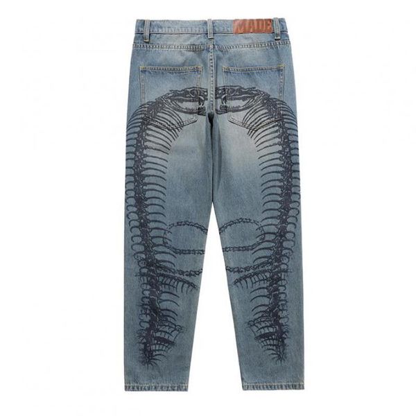 

men's jeans harajuku hip hop skull pattern print retro pants mens fashion streetwear ripped straight washed casual denim trousers, Blue