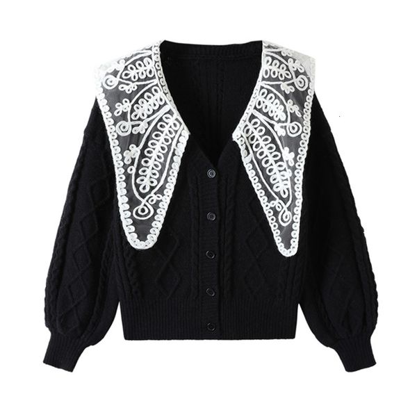 

knits cute sweater coat lantern sleeve neck lapel black/white cardigan girls